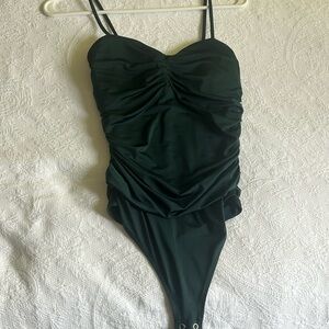 Dark green Body Contour Compression Ruched Bodysuit With Bra Cups.